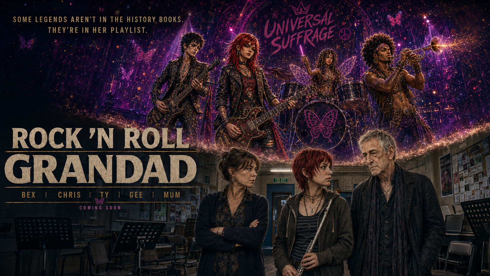 Rock ’n Roll Grandad artwork featuring Bex, Gerald and Universal Suffrage.